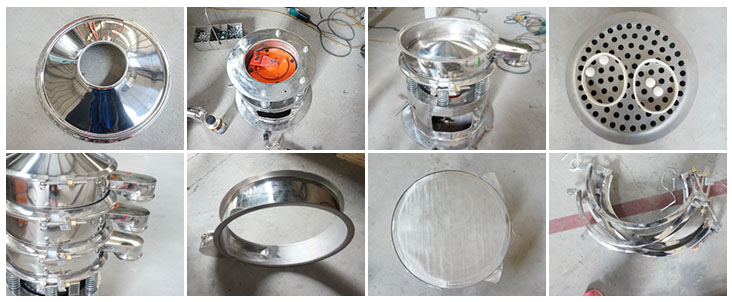 不銹鋼振動篩結構展示：防塵蓋，出料口，閘門，篩網于彈跳球，底座，振動彈簧等。