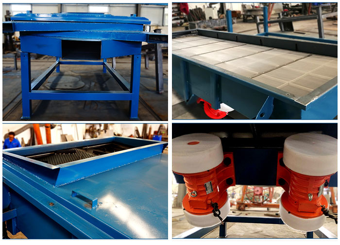 方形振動篩出料口，篩網和網架，進料口，振動電機等細節展示。