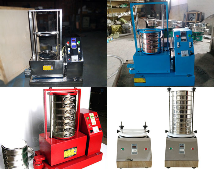 三種不同類型的試驗篩，區別控制臺在下部或在右側。材質為不銹鋼和碳鋼兩種，碳鋼材質做了噴漆有：紅色和藍色兩種。