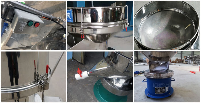 過濾篩細節(jié)展示：控制開關(guān)，篩框，出料口閥門，底座等